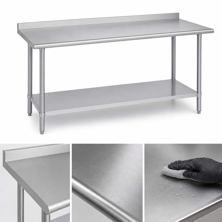 Product image #3 for Duke 72-Inch x 36-Inch 16-Gauge 300 Series Stainless Steel Work Table with 1-1/8-Inch Riser and Galvanized Undershelf