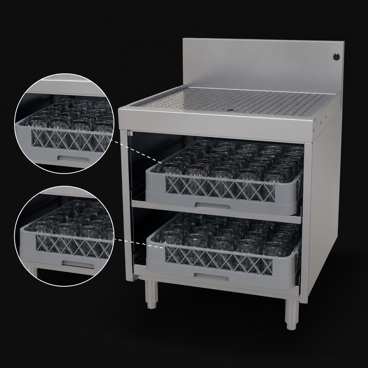 Product image #3 for Glastender Stainless Steel Underbar Glass Rack Storage Unit with Drainboard Top, Open Front Base, Holds 2 Glass Racks, 24"W x 24"D