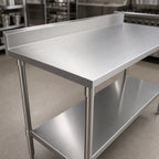 Thumbnail image #3 for John Boos Stallion ST6R5-36144GSK 144-Inch Stainless Steel Work Table with 5-Inch Backsplash, 16-Gauge 300-Series Top and Adjustable Undershelf