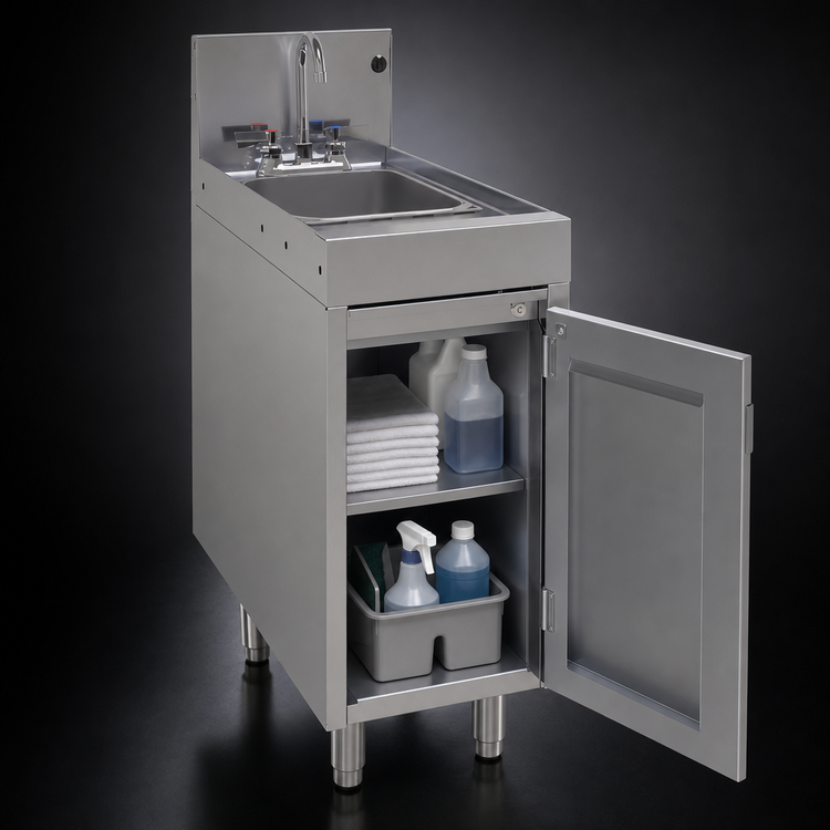 Product image #3 for Glastender Underbar Wet Waste Sink with Cabinet Base, Hinged Door and Gooseneck Faucet, 12-Inch W x 24-Inch D