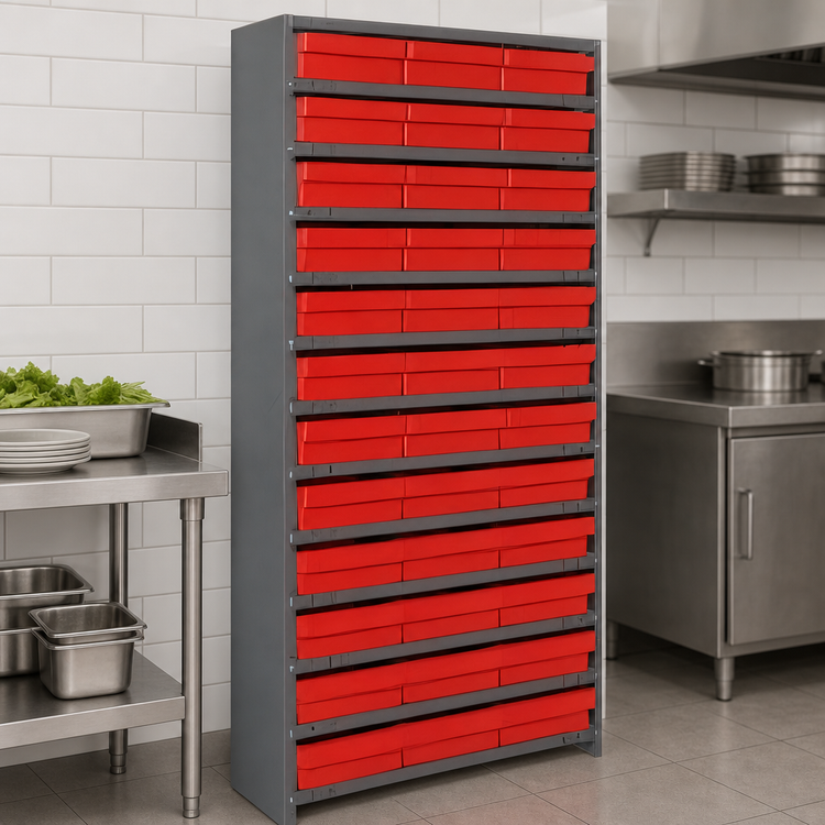Product image #3 for Quantum Closed Stationary Heavy-Duty Wire Shelving Unit with 13 Shelves and 36 QED801 Bins, 36 x 12 x 75 Inches