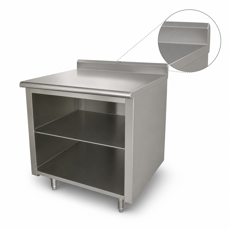 Product image #3 for Advance Tabco 36" x 24" Stainless Steel Open Front Cabinet Base Work Table with 5" Backsplash and Fixed Mid-Shelf
