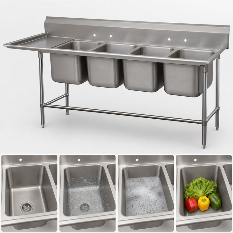Product image #3 for Advance Tabco Regaline 4-Compartment Sink with 24-Inch Left-Hand Drainboard, 20 x 28-Inch Bowls, 14-Gauge 304 Stainless Steel