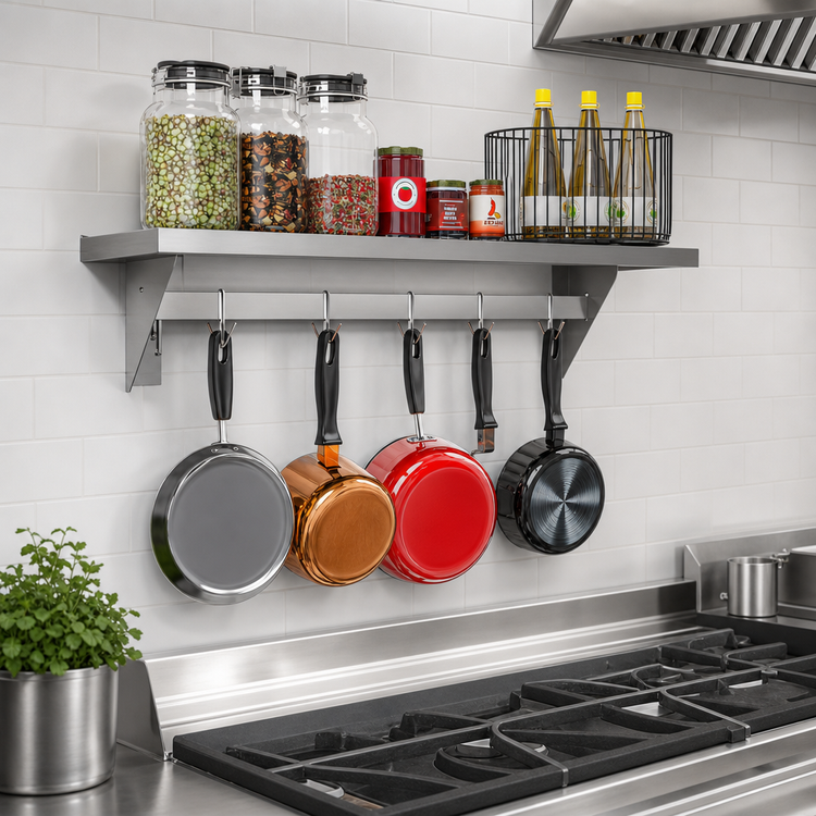 Product image #3 for 48 Inch Wall-Mounted Stainless Steel Shelf with Pot Rack and Removable Hooks