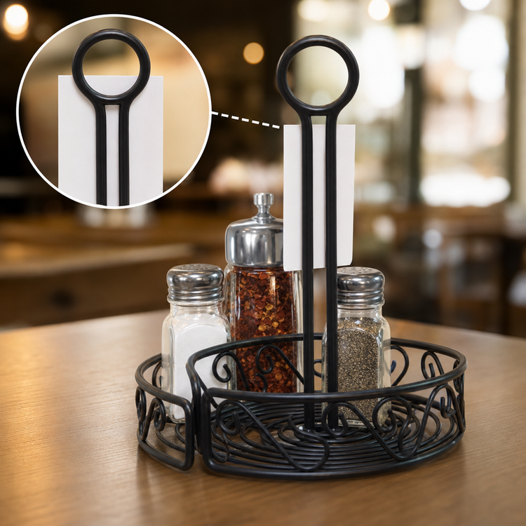 Product image #3 for Ironworks 6-1/4-Inch Round Black Wrought Iron Condiment Rack with Center Handle and Table Number Slot