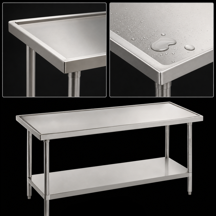 Product image #3 for Advance Tabco 48-Inch x 48-Inch 14-Gauge 304 Stainless Steel Work Table with Adjustable Undershelf and Countertop No-Drip Edge