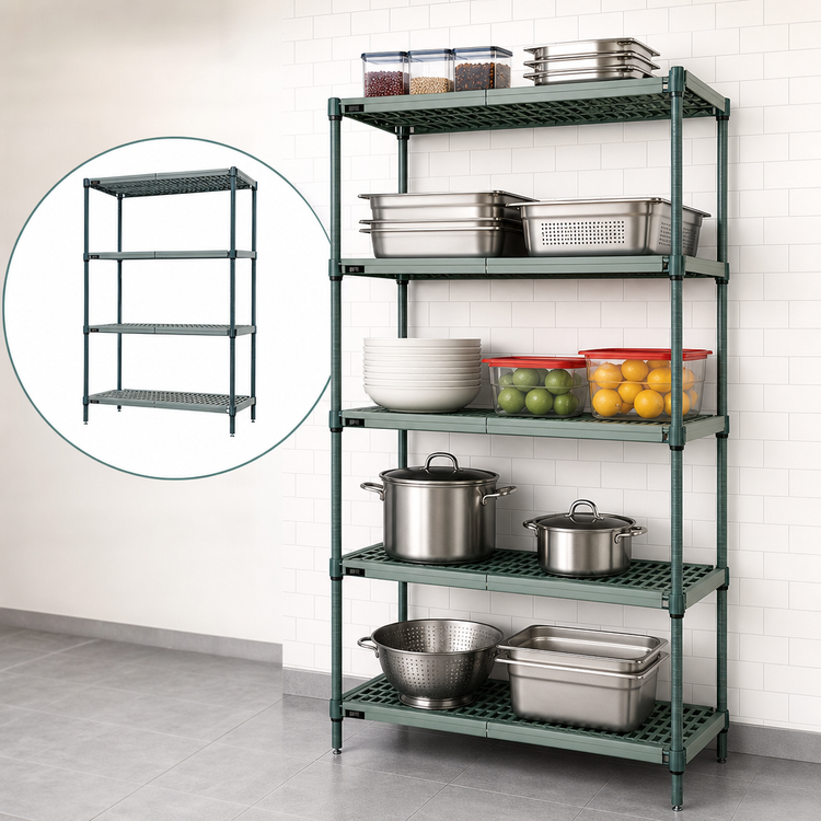 Product image #3 for Quantum 5-Tier Stationary Wire Plastic Mat Shelving Unit, 42 x 24 x 63 Inches, Green Epoxy Antimicrobial