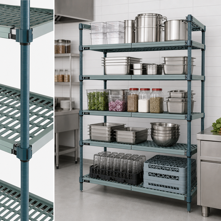 Product image #3 for Quantum 5-Tier Stationary Wire Plastic Mat Shelving Unit, 60"W x 24"D x 86"H, Green Epoxy Antimicrobial