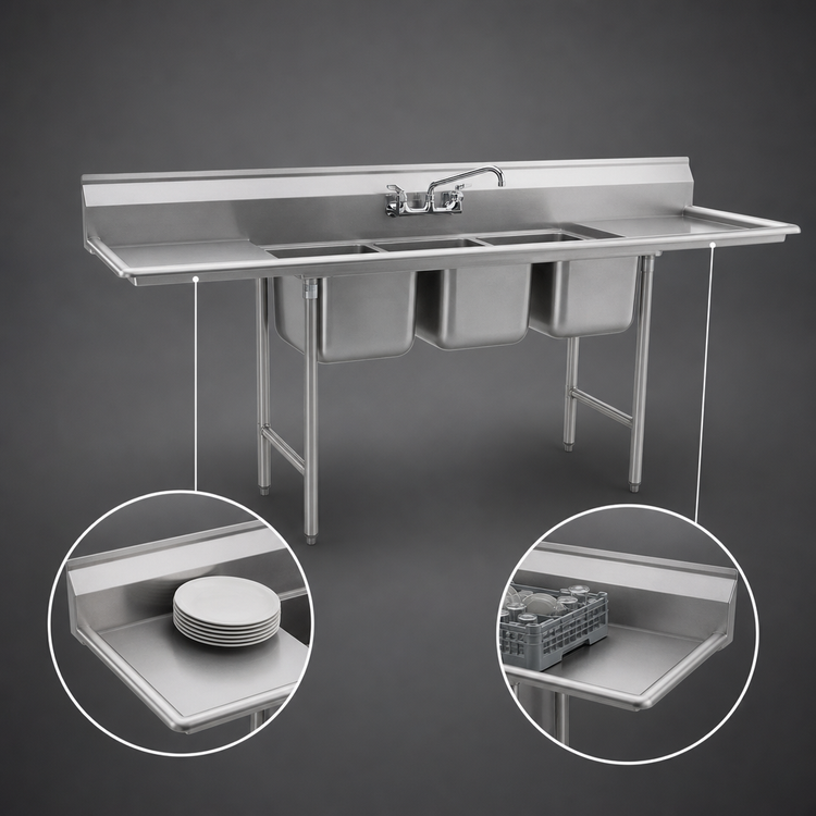 Product image #3 for Eagle Group 414 Series Coved-Corner Three-Compartment Sink with Double 24-Inch Drainboards
