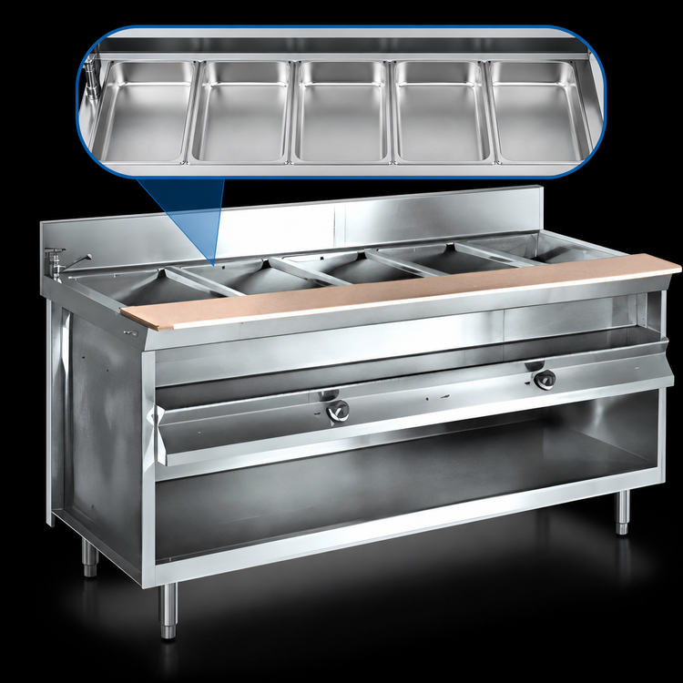 Product image #3 for La Rosa Refrigeration 72-Inch Electric Water Bath Hot Food Table with 5 Pan Openings, Open Cabinet Base