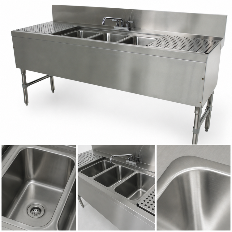 Product image #3 for Advance Tabco Prestige 3-Compartment Stainless Steel Underbar Sink Unit with Left and Right Drainboards and Deck-Mount Faucet, 72-Inch