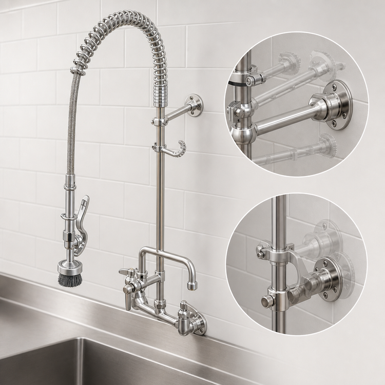 Product image #3 for T&S Brass EasyInstall Wall-Mount Pre-Rinse Unit with Add-On Faucet and Brush Attachment, 8-Inch Centers, 10-Inch Swing Nozzle