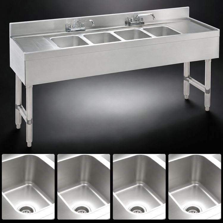 Product image #3 for Advance Tabco Special Value Series 4-Compartment Stainless Steel Bar Sink with Deck-Mount Faucets and Dual Drainboards, 84 Inch