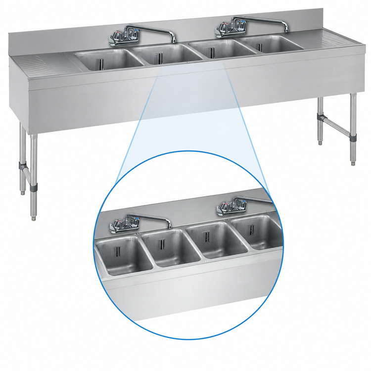 Product image #3 for Advance Tabco Special Value 96-Inch 4-Compartment Stainless Steel Bar Sink with Dual Drainboards and Splash-Mount Faucets