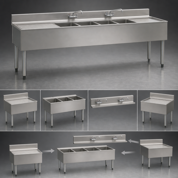 Product image #3 for Eagle Group 2200 Series Four-Compartment 84-Inch Underbar Sink Unit with Left and Right Drainboards and Faucets