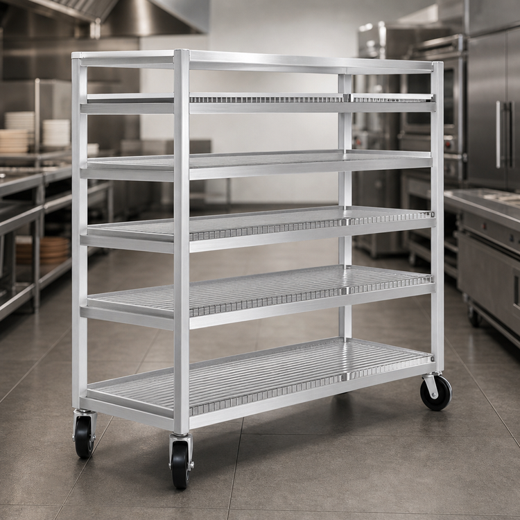 Product image #4 for Channel Manufacturing Aluminum Glass/Oval Tray Mobile Shelf Truck / Flight Cart, 75 x 25 x 72 Inches, 4 Shelves
