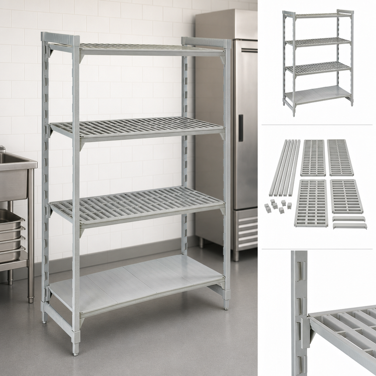 Product image #4 for Cambro Camshelving Premium Stationary Starter Unit, 24 x 24 x 64 Inches, 4-Tier Polymer Shelving Unit with 3 Vented and 1 Solid Shelf Plates