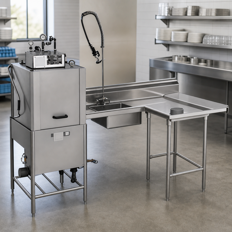 Product image #3 for Eagle Group Island Soiled Dishtable with Dish Landing Shelf and Pre-Rinse Sink, Right-to-Left