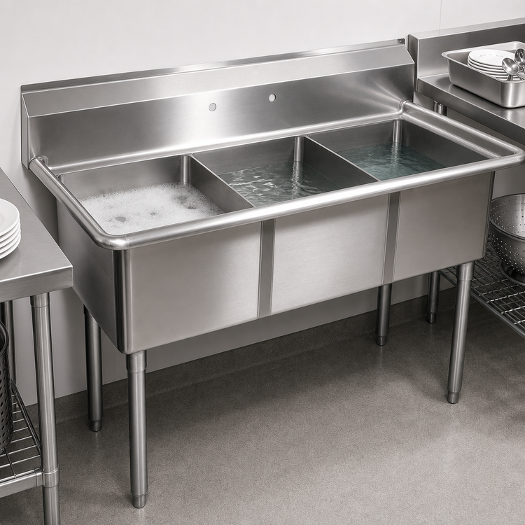 Product image #3 for John Boos E-Series 3-Compartment Stainless Steel Floor Sink with Boxed Backsplash, 77"W x 29-1/2"D x 43-3/4"H