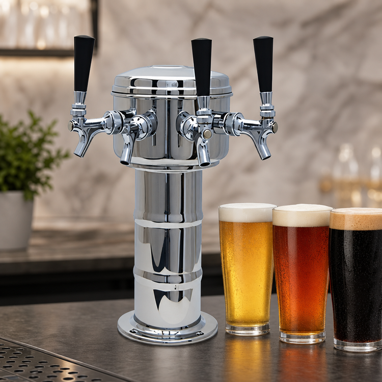 Product image #3 for Glastender Mini Mushroom 3-Faucet Countertop Draft Dispensing Tower, Mirror Finish Stainless Steel, Air Cooled