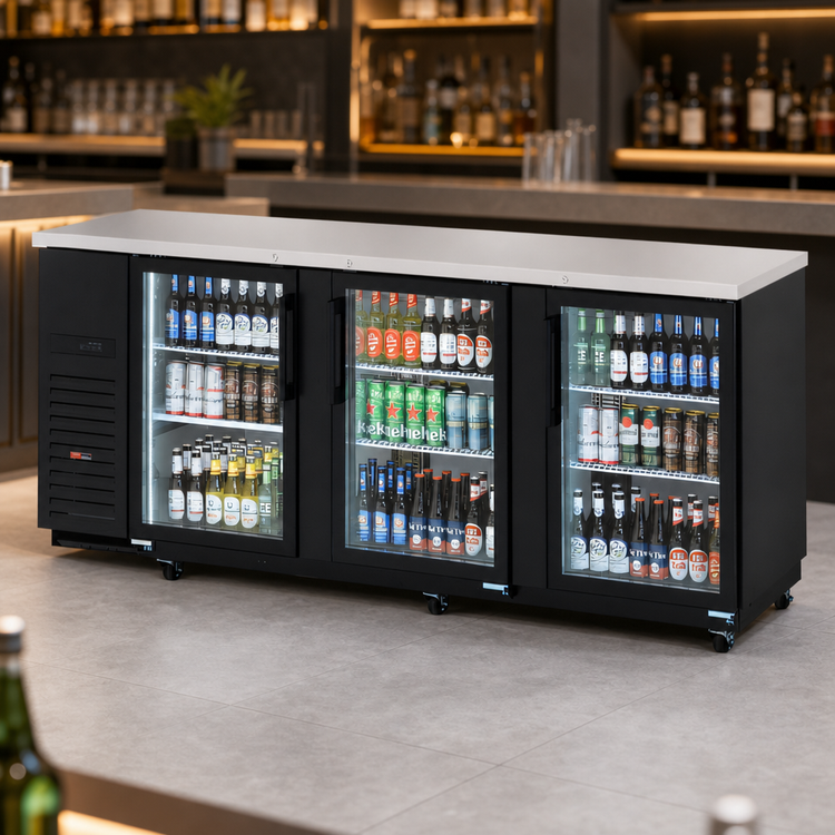 Product image #3 for Turbo Air Super Deluxe Three-Section Glass Door Back Bar Cooler, 90-3/8" W, Front-Breathing, Side-Mount