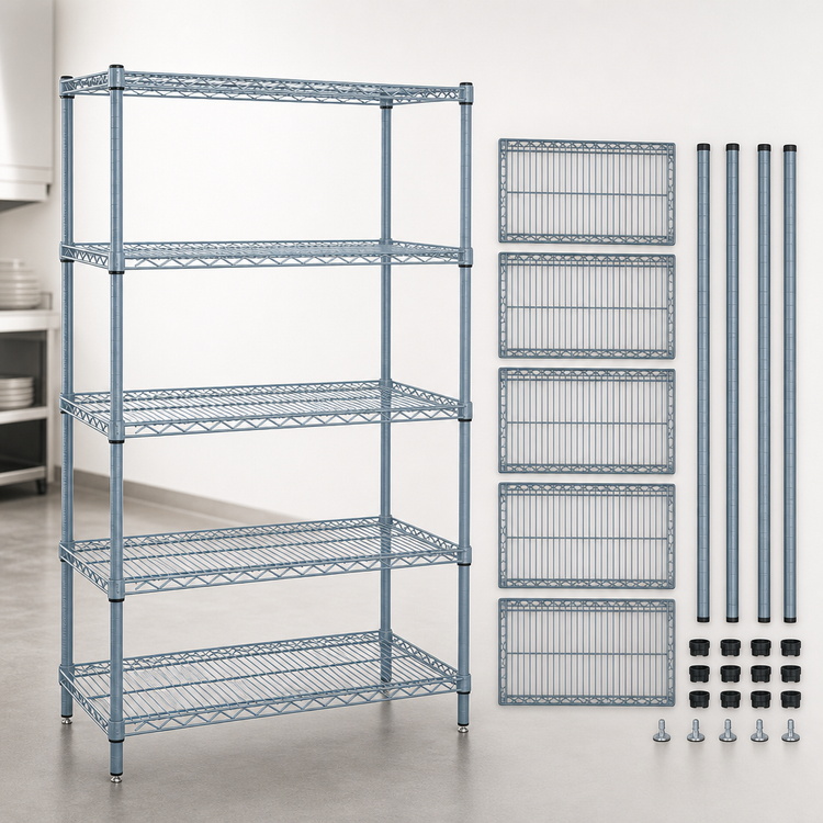 Product image #3 for Quantum Stationary Wire Shelving Starter Kit, 36"W x 21"D x 74"H, 5 Shelves, Gray Epoxy Antimicrobial Finish