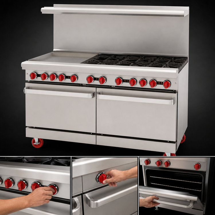 Product image #3 for American Range 60-Inch Gas Restaurant Range with 24-Inch Left Griddle, 6 Open Burners, and 2 Standard Ovens