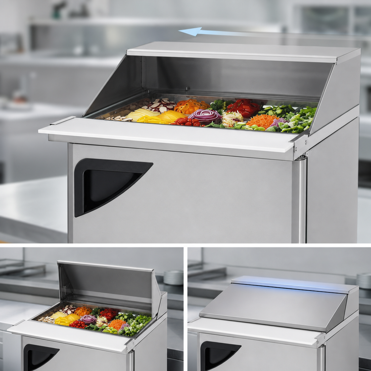 Product image #3 for Turbo Air Super Deluxe One-Section Refrigerated Sandwich/Salad Mega Top Prep Table with Slide-Back Lid, 12-Pan Capacity, 27-1/2 Inch Wide