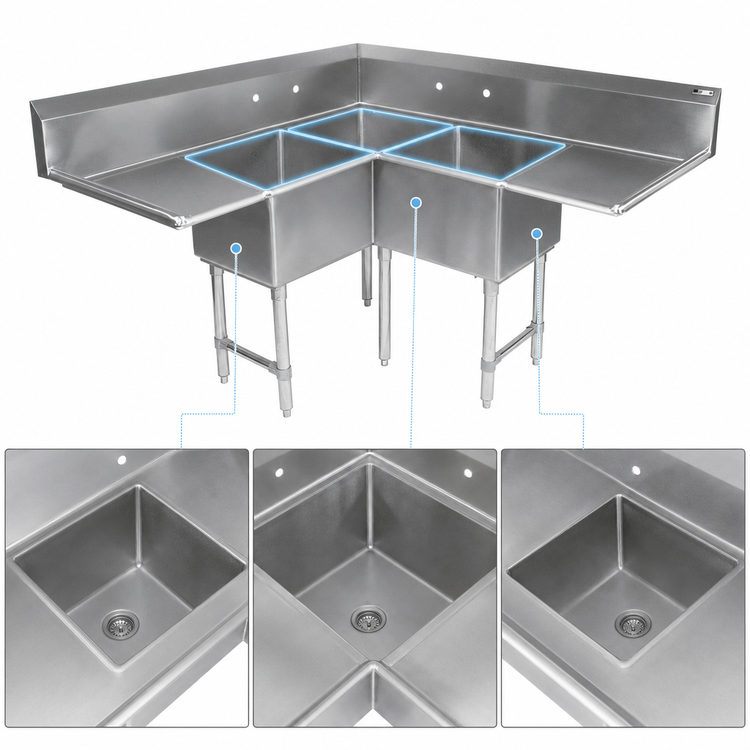 Product image #3 for John Boos Pro-Bowl 3-Compartment Corner Sink with Dual Drainboards, 16-Gauge Stainless Steel