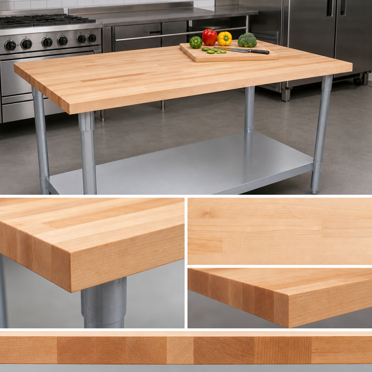 Product image #3 for John Boos 108-Inch Northern Hard Rock Maple Wood Top Work Table with Galvanized Legs and Adjustable Undershelf