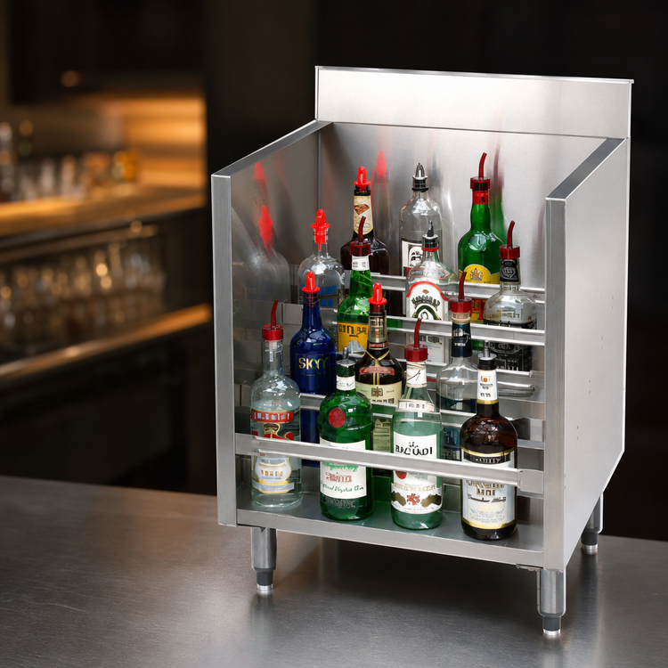 Product image #3 for Advance Tabco Underbar Basics 5-Step Freestanding Stainless Steel Liquor Bottle Display Unit