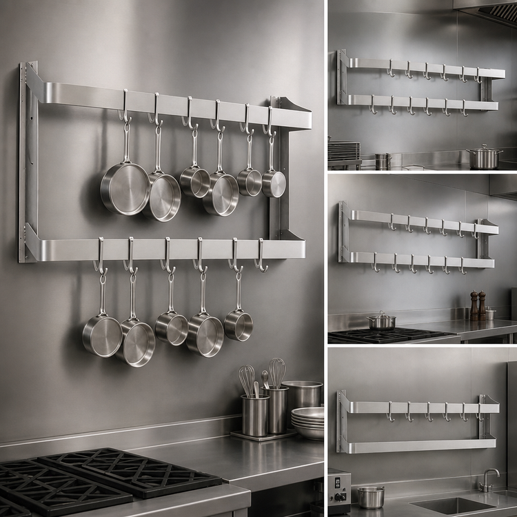 Product image #3 for Steel Works Stainless 96-Inch Wall-Mount Double-Bar Stainless Steel Pot Rack