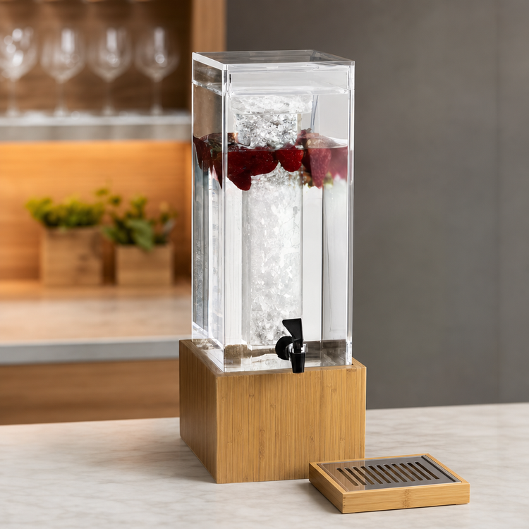 Product image #3 for Cal-Mil Bamboo Collection 1.5 Gallon Acrylic Beverage Dispenser with Ice Chamber and Drip Tray