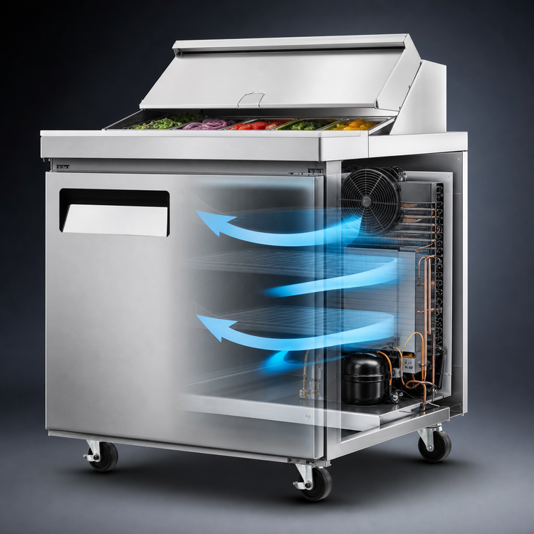 Product image #3 for Juneau 28-Inch 1-Section Refrigerated Prep Table with Rear-Mounted Self-Contained Refrigeration, 8-Pan Capacity