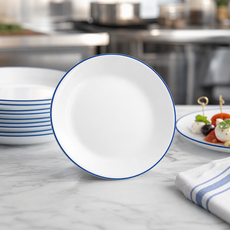 Product image #3 for Corelle Essentials Round Vitrelle Glass Appetizer Plate, 6-3/4 Inch, White with Blue Rim, 36/Case