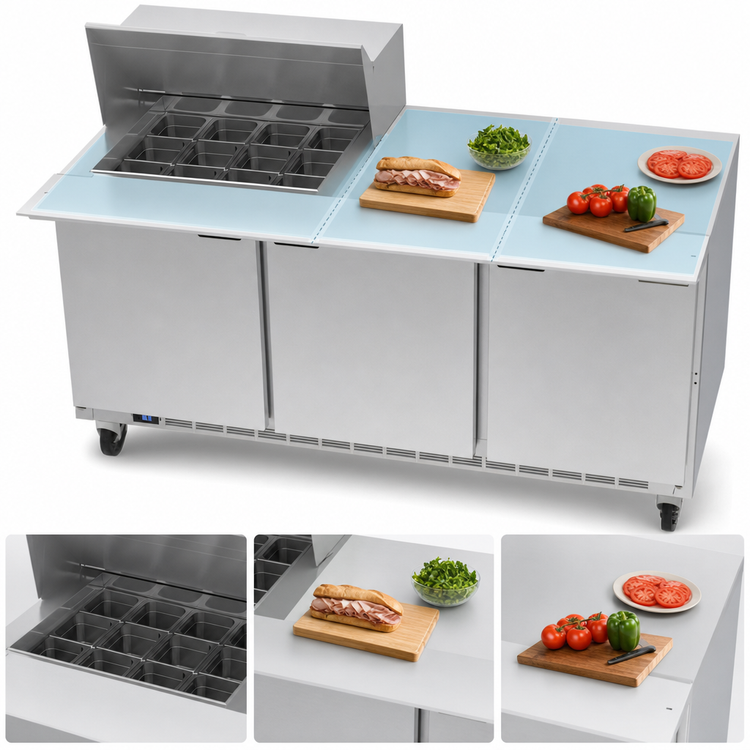 Product image #4 for Beverage-Air SPE72HC-12M 72-Inch Three-Section Mega Top Sandwich Prep Table with 12-Pan Opening