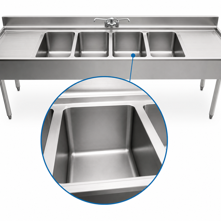 Product image #3 for Eagle Group 2200 Series Four-Compartment Underbar Sink Unit with Left and Right Drainboards, 84 x 24 Inch, 304 Stainless Steel