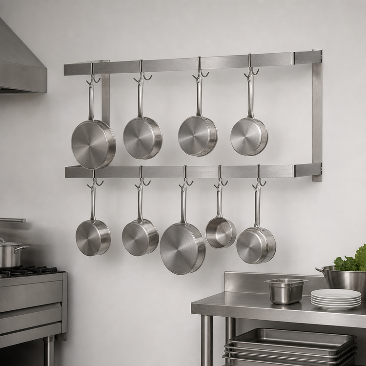 Product image #3 for BK Resources Wall-Mount Double Bar Pot Rack, 72 Inch, 304 Stainless Steel, 12 Hooks