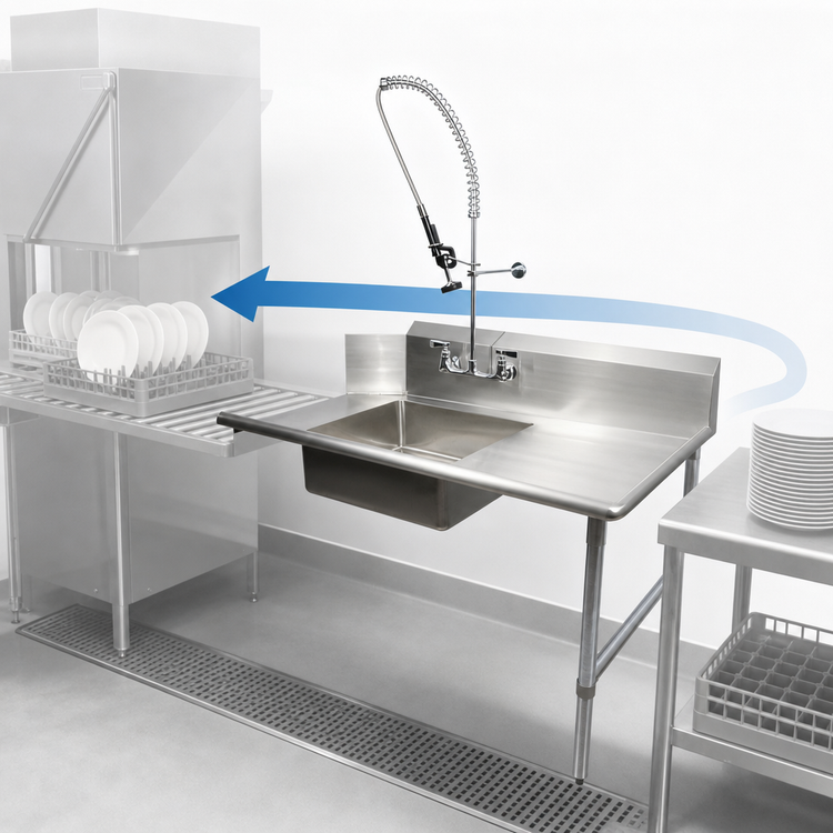 Product image #3 for BK Resources 26-Inch Straight Right-to-Left Soiled Dishtable with 20 x 20 x 8 Pre-Rinse Sink and Included Faucet