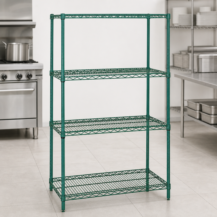 Product image #3 for Quantum 4-Shelf Wire Shelving Starter Kit, 36-Inch W x 14-Inch D x 74-Inch H, Green Epoxy Antimicrobial Finish