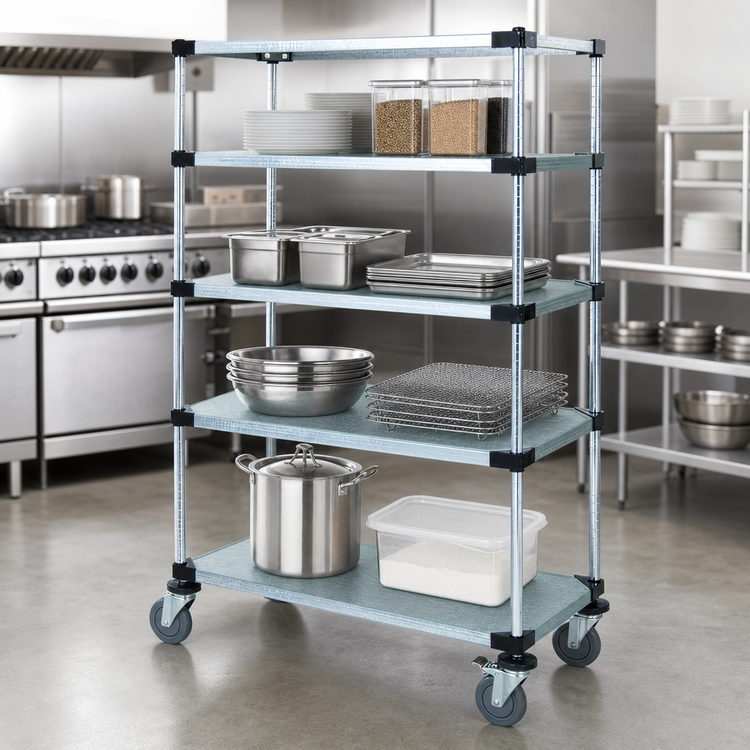 Product image #3 for Quantum Mobile Shelving Cart with 4 Solid Galvanized Steel Shelves, 36 x 24 x 69 Inches