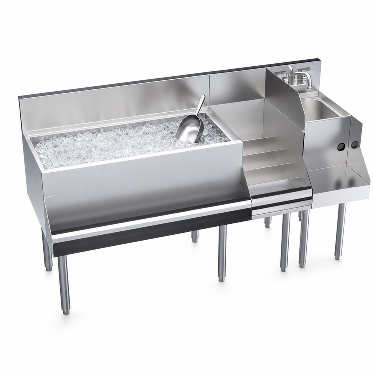 Product image #4 for Krowne Royal Series 60-Inch Underbar Ice Bin/Cocktail Station with 36-Inch Center Ice Bin, 10-Circuit Cold Plate, Blender Sink, and Liquor Display