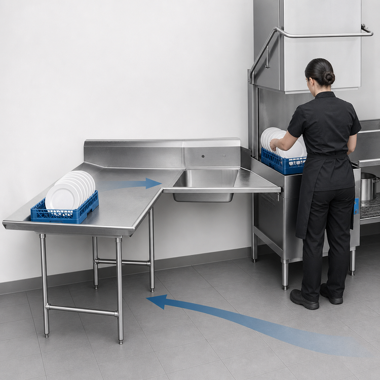 Product image #3 for Advance Tabco L-Shaped Left-Hand Dishlanding Soil Dishtable with Pre-Rinse Sink, 71 Inches Long, 14 Gauge 304 Stainless Steel