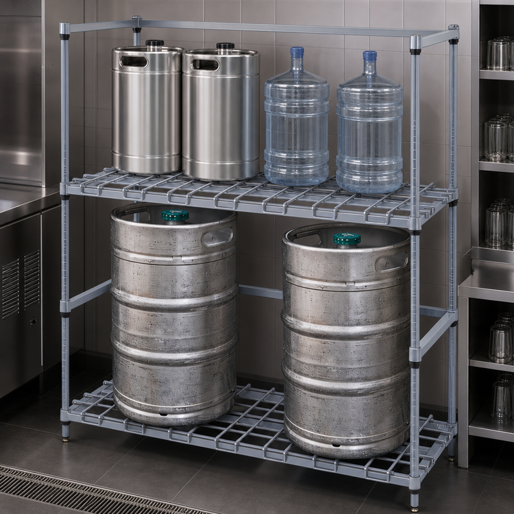 Product image #3 for Quantum Two-Tier Wire Tank & Beverage Container Dunnage Rack — 60 Inches W x 18 Inches D x 54 Inches H, Gray Epoxy Antimicrobial Finish
