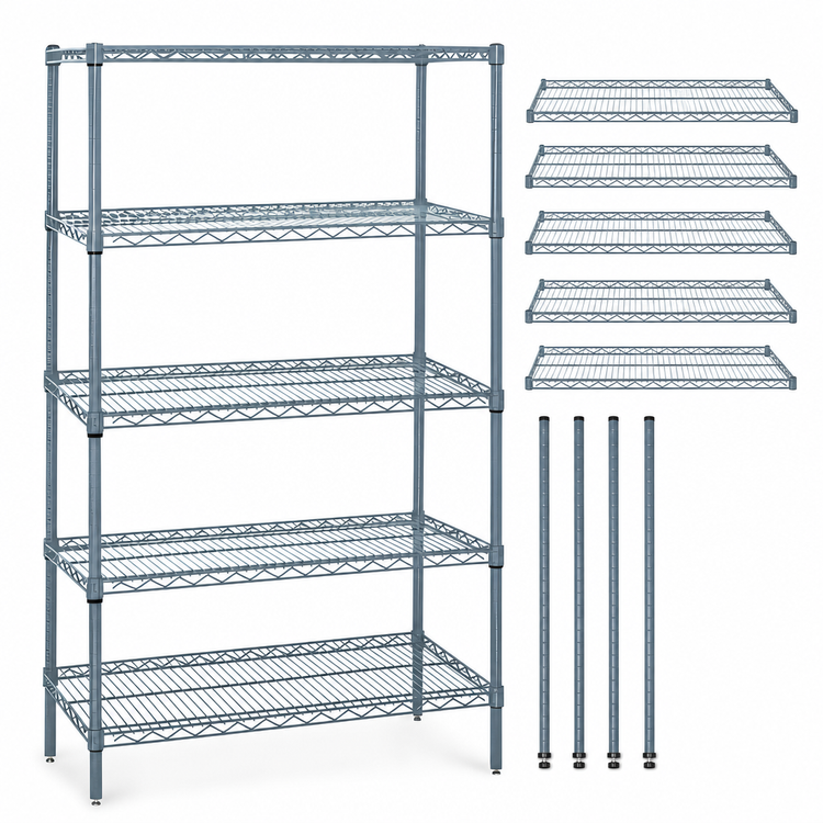 Product image #3 for Quantum 48" x 21" x 54" Stationary Wire Shelving Starter Kit with 5 Shelves, Gray Epoxy Antimicrobial Finish