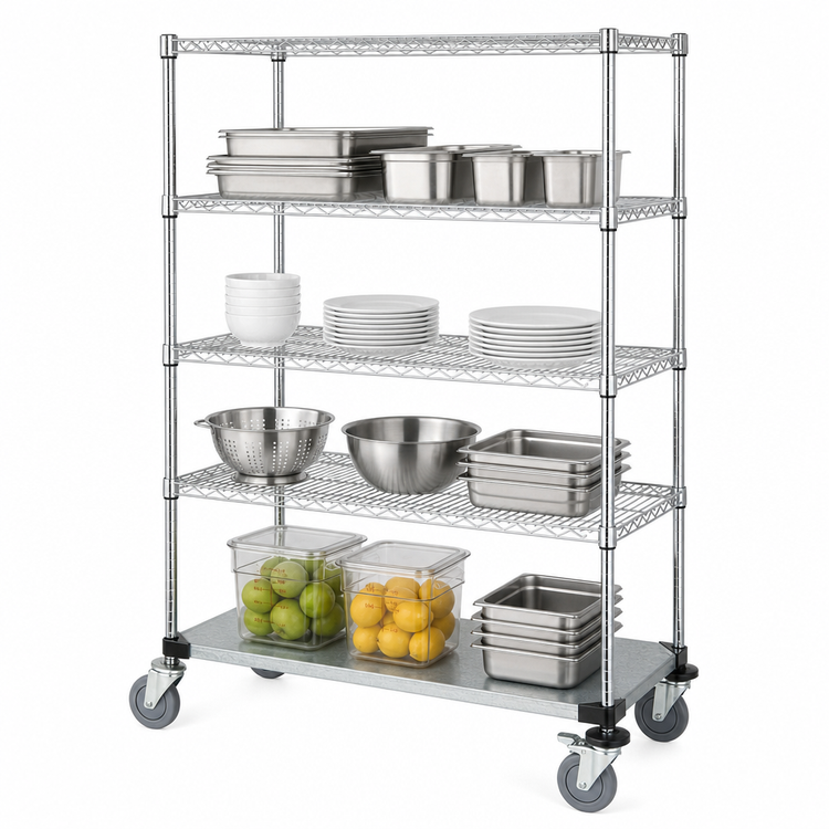 Product image #3 for Quantum 48"W x 24"D x 80"H Chrome-Plated 4-Shelf Mobile Wire Shelving Cart