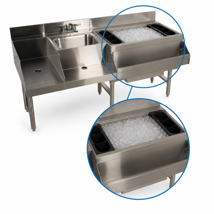 Product image #3 for Advance Tabco Underbar Basics™ Uni-Serv Stainless Steel Speed Bar with Right-Side Ice Bin and Dump Sink, 60-Inch