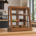Thumbnail image #4 for Koolmore KM-BDW-4CUD Upright Bakery Display Case, Slanted Glass Front, 3 Tempered-Glass Shelves, Mirrored Interior, Dark-Wood Finish