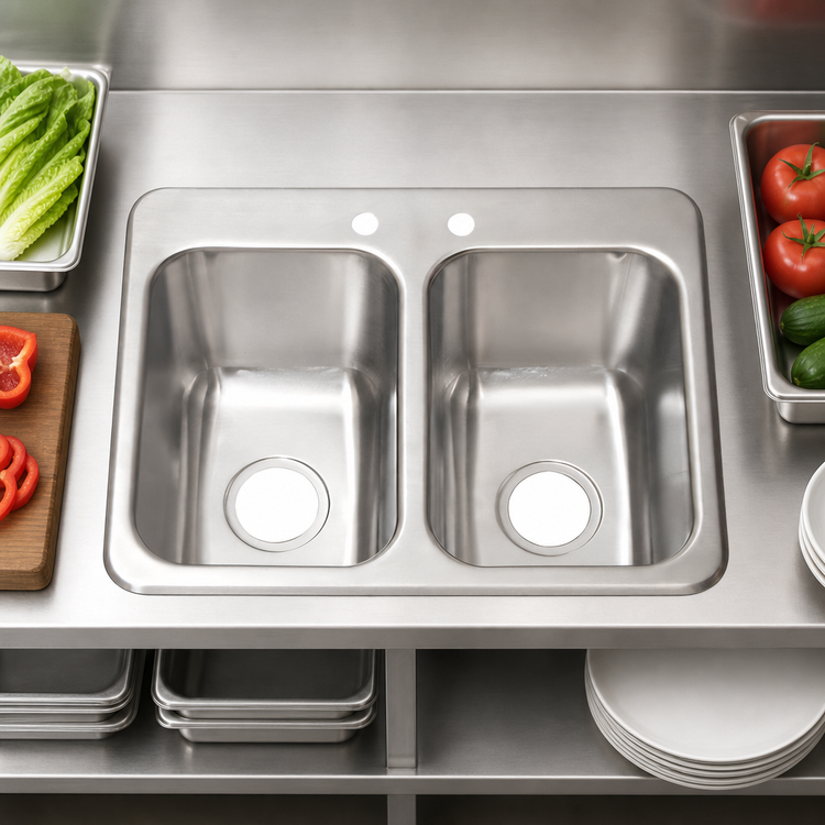 Product image #3 for BK Resources Two-Compartment Drop-In Sink with Basket Drains, 24 x 18-1/2 x 10 Inches, 304 Stainless Steel