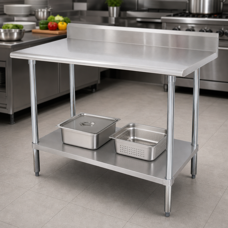 Product image #3 for Advance Tabco Special Value Series 48 Inch x 30 Inch Heavy Duty Stainless Steel Work Table with 5 Inch Backsplash and Adjustable Undershelf